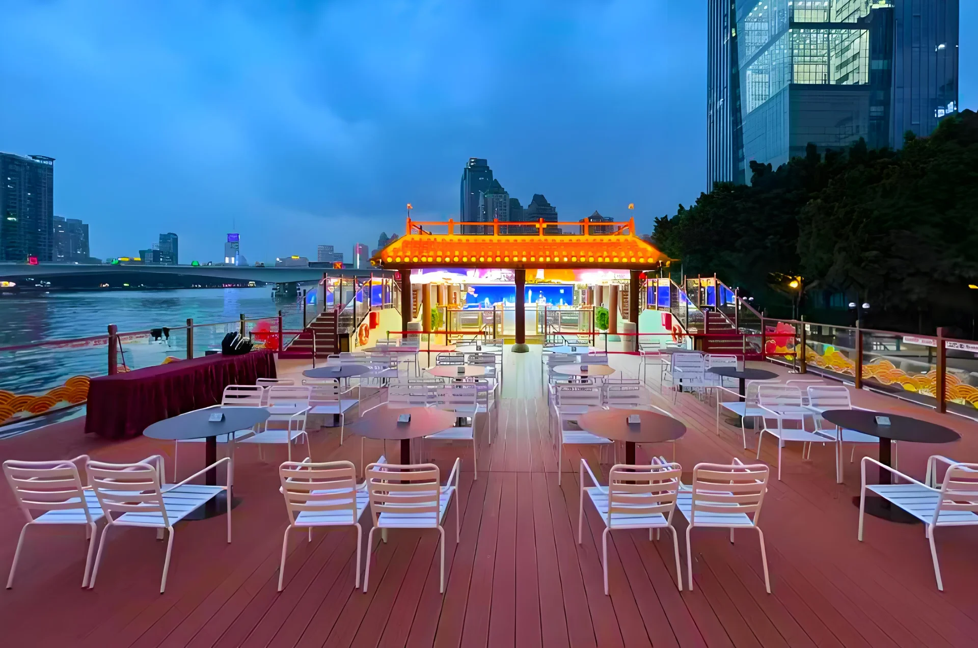 Interior of the second deck cabin on a Pearl River cruise boat