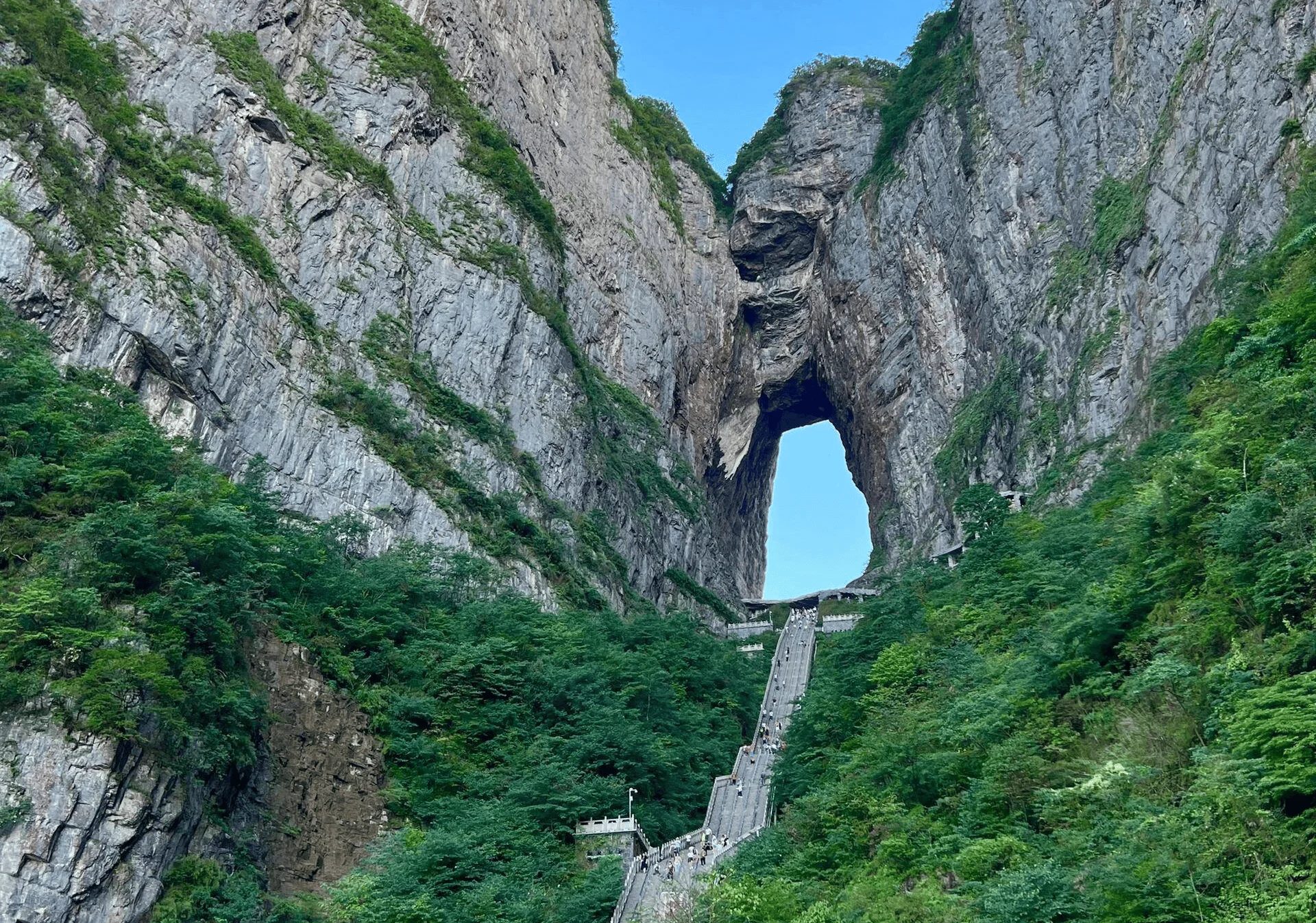 Tianmen Mountain's Heaven's Gate natural cave arch with the 999 steps leading up to it